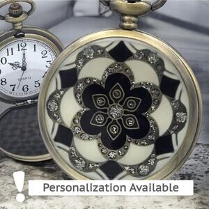 Black & White Floral Pendant & Pocket Watch - Crystal Rhinestones, Vintage Look